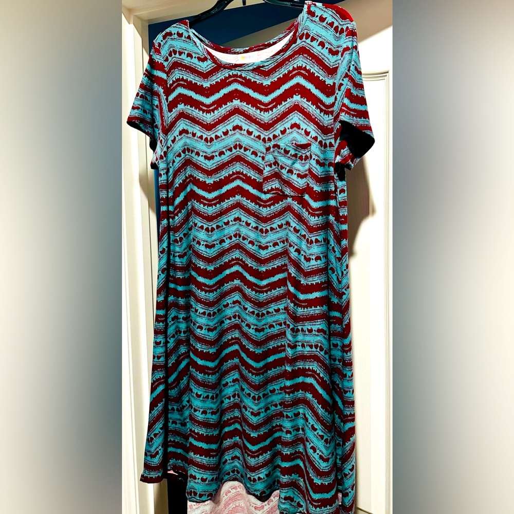 LuLaRoe Carly dress. Green and burgundy. Very soft. Worn a few times.